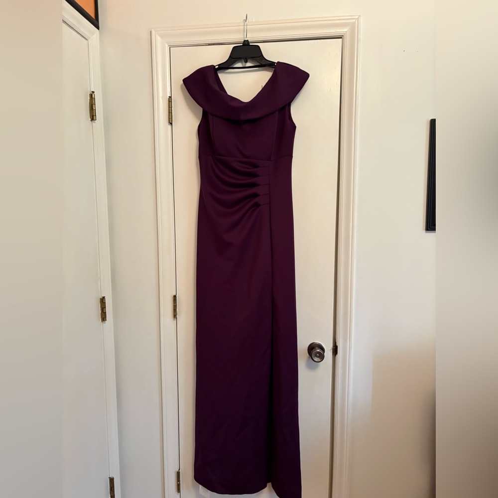 NWT Xscape Women’s Ruched Off the Shoulder Long Formal Dress in Plum